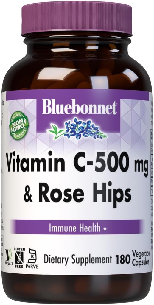 BlueBonnet Vitaminas C 500 mg + Rozehps Daržovių kapsulės 180 Skaičius