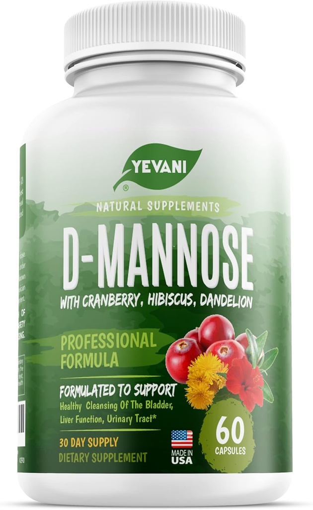 100% Pure D-Mannose Capsules 1000 mg with Cranberry, Hibiscus, and Dandelion Extract, Fast Acting Professional UTI Prevention Formula for Urinary Tract Health and Bladder Support