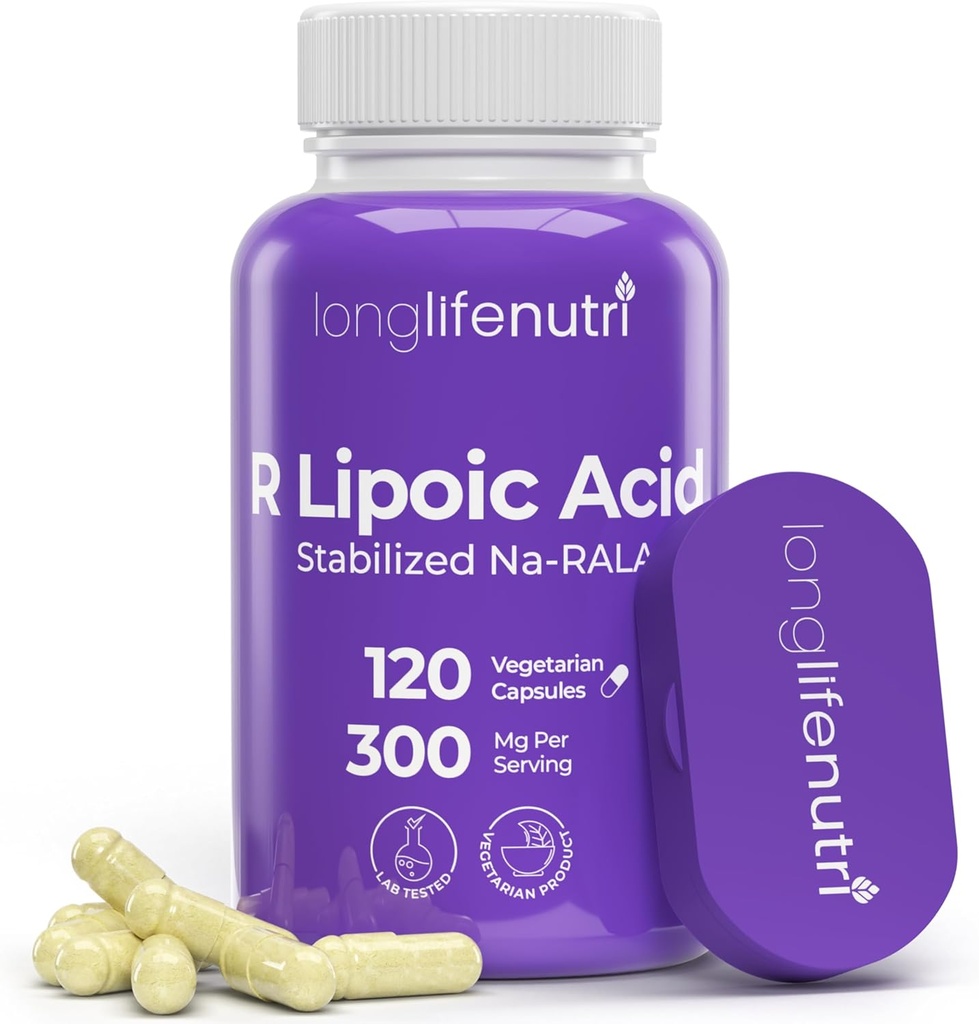 Long LifeNutri Stabilitzat R-Alfa Lipoic Acric 300mmg High Potència Na-RALA suplementari per a la funció cel·lular i Metabolica, 120 Vegetarian Capsules, 4-Qy, GMP Certified, Fet als EUA
