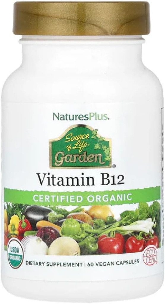 Source of Life Garden Certified Organic Vitamin B12-1000 mcgethylcobalamin, 60 Vegan Capsules - whole Food Vitamin B12 supplement - Energy Boost - Vegetarian, Gluten-Free - 30 Servings