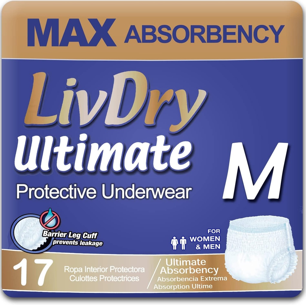 LivDry Ultimate Pieaugušo Nesaturēšana Apakšveļa, Max Absorbent Pieaugušo Diapers ar noplūžu aizsardzību, Medium, 17-Pack