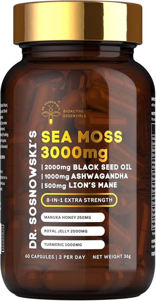 Dr. Sosnowski 's BioActive Sea Moss 124; 8-1 Formula Enriched dengan Benih Hitam, Ashwagandha, Turmeric, Manuka Honey, Lion' s Mane, Royal Jelly, Bee Propolis Ekstract 124; 60 Capsules