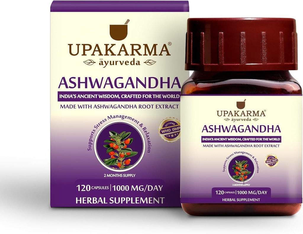 UPAKARMA Ashwagandha | 60 Day Supply | Чистый экстракт на основе 1000 мг на сервирование | Лабораторные испытания, исследования и разработки, 120 веганских капсул, добавки для снятия стресса и энергетической поддержки