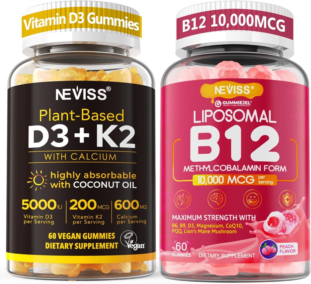 NEVISS 2Pack Vitaminas D3 5000iu & K2 (kaip MK7) 200µg Gummies + 600 mg Calcium + 1 Pack Liposomal Metil B12 5000 µg / 10000 µg