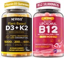 NEVISS 2Pack Vitamina D3 5000iu & K2(como MK7) 200mcg Gummies + 600mg Calcium + 1 Pack Liposomal Metil B12 5000 mcg/10000 mcg