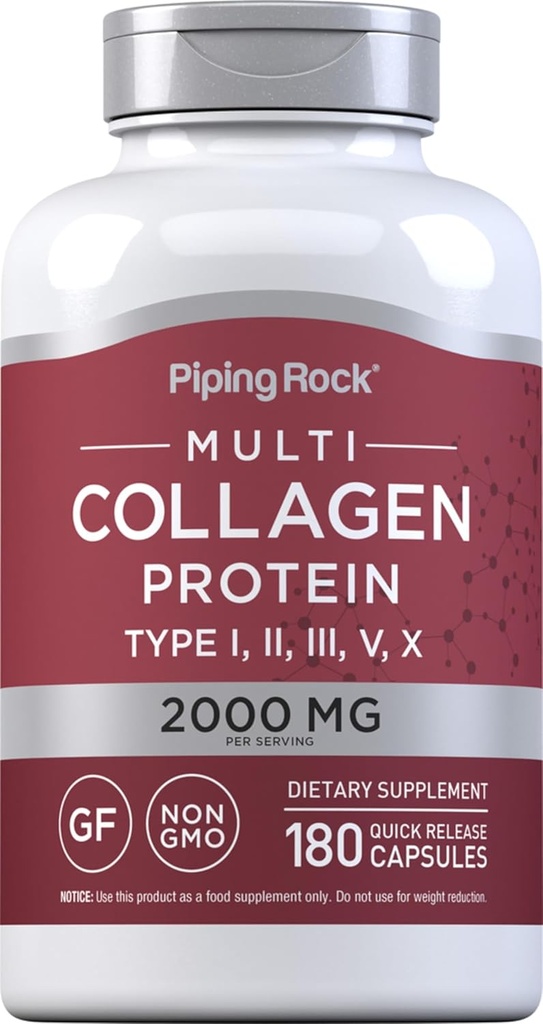 Piping Rock Multi Collagen חלבונים קפסולות | 180 מ"ג | מוצרים I, II, III, V, X | מורכבות בלנדר | Non-GMO, Gluten Free