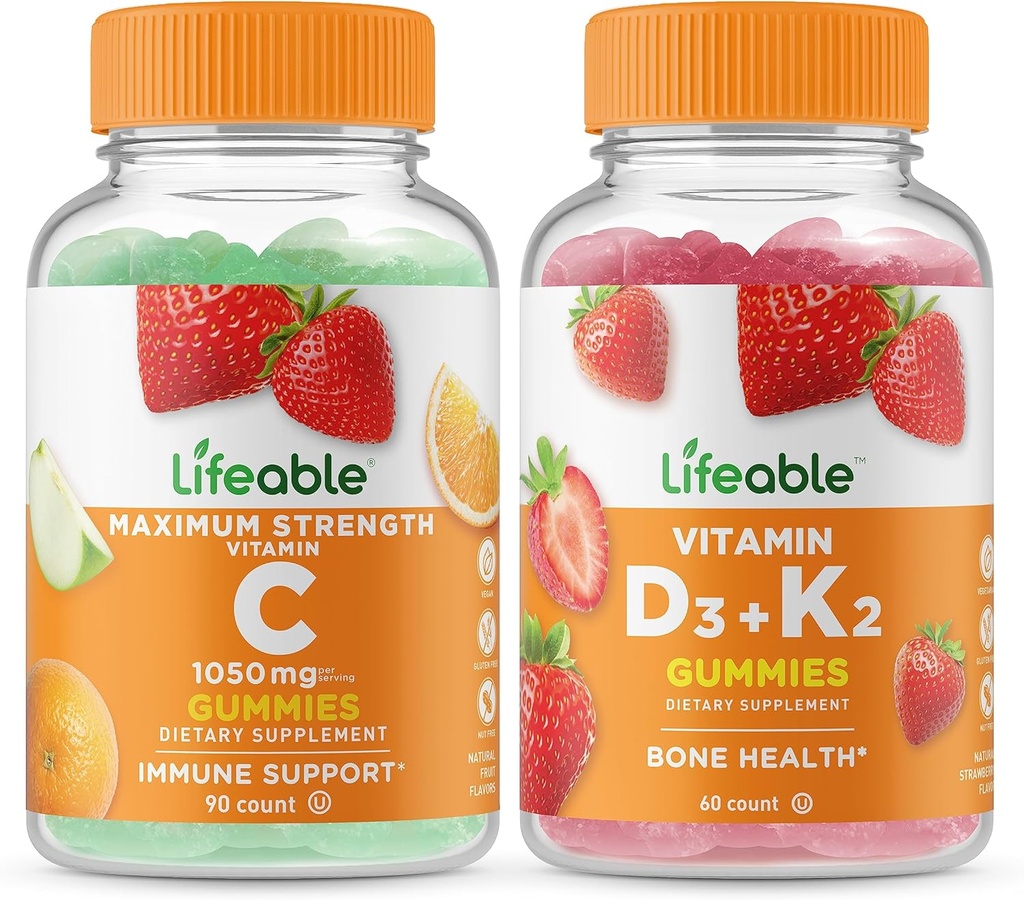 Dzīvotspējīgs vitamīns C 1050mg + vitamīns D3 + vitamīns K2, Gumijas Bundle - Great Tasting, Vitamīnu Papildinājums, bez lipekļa, bez ĢMO, bez košļājamām gumija