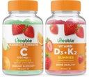Lifeable Vitamin C 1050mg + Vitamin D3 + Vitamin K2, Gummies Bundle - Great Tasting, Vitamin Supplement, Gluten fri, GMO fri, Chewable Gummy