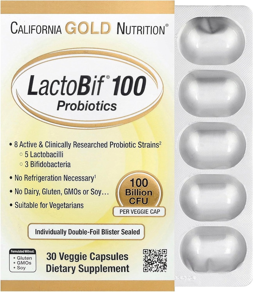 加利福尼亚金营养 LactoBif Probiotics, 100 Blion CPU, 8 活性与临床研究 Probiotic Strains, 无糖, 蔬菜, 个人双油脂密封, 30 个 Veggie Capsules