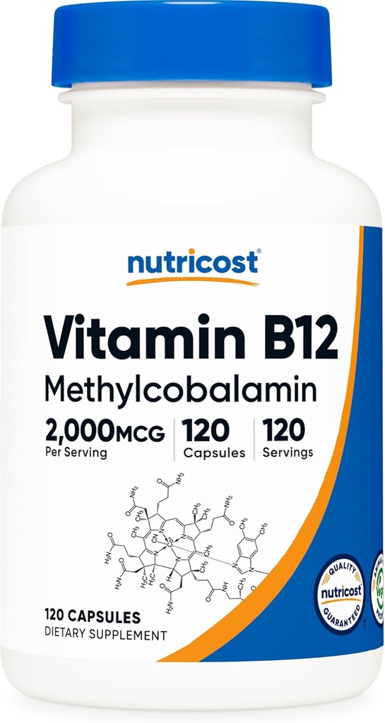 Nutricost Vitamina B12 (Metilcobalamină) 2000mcg, 120 capsule - Capace vegetariane, non-GMO, Gluten gratuit B12 Supliment