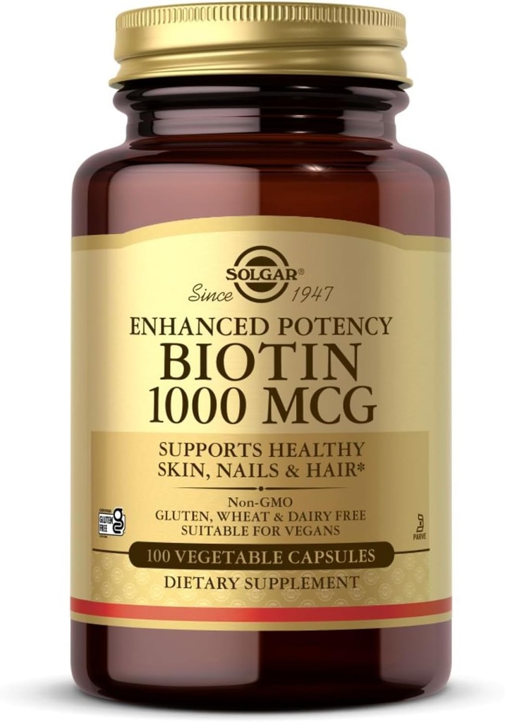 Solgar Biotin 1000 mcg - 100 Şəkil Kapsülləri - Sağlam Skin, Nails & Saç - Qeyri-GMO, Vegan, Gluten Pulsuz, Süt Pulsuz, Kosher - 100 Xidmət