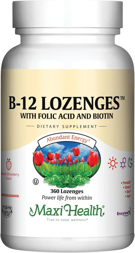 Maxi Health Vitamina B12 Locenxes con ácido fólico e biotina - Sublingual B12 Vitaminas Strawberry Flavor - Vegetarian Kosher B 12 Vitamina para a produción e enerxía de células sanguíneas vermellas (360 Count)