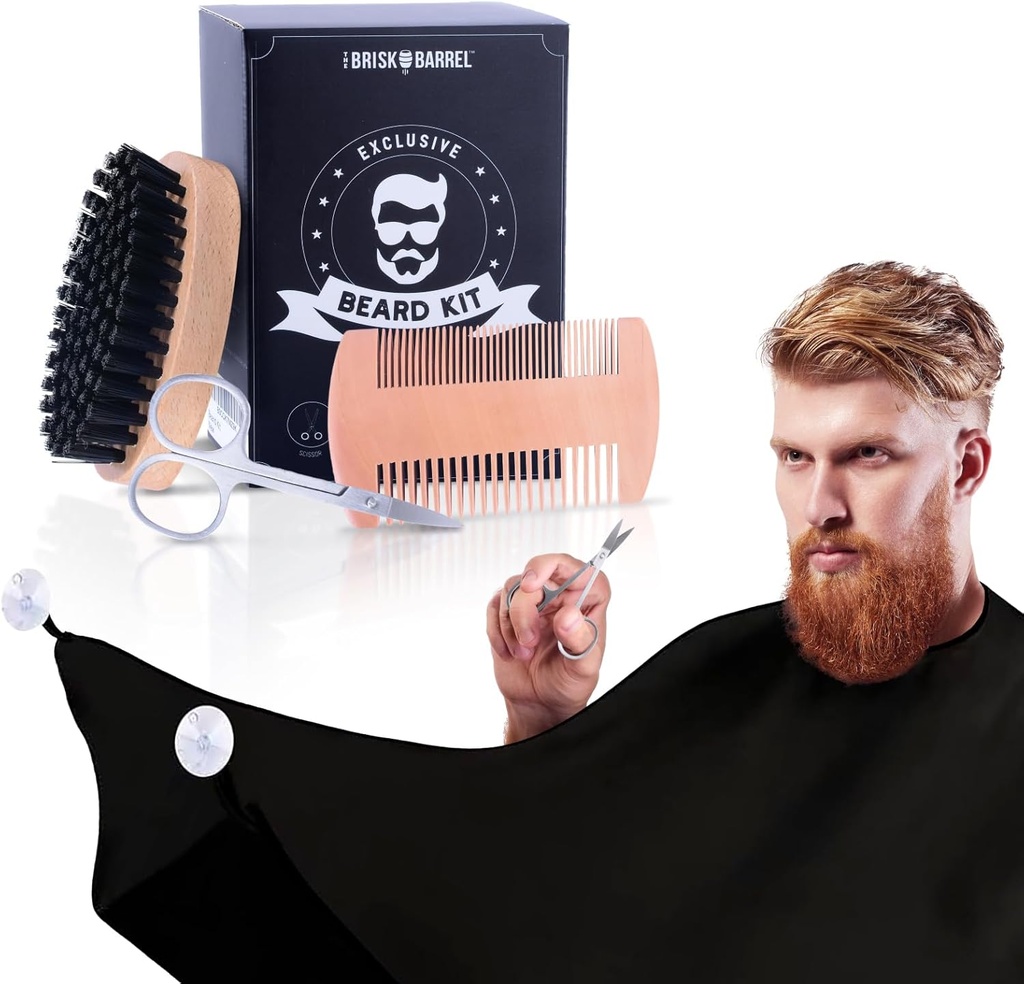 Beard Grooming Kit meestele 4 in 1. Beard Brush ja Comb Set Messy Free Bib Apron, Mustache Käärid. Natural Brush ja Dual Action Comb. Meeste grooming. Kingitus mehele,