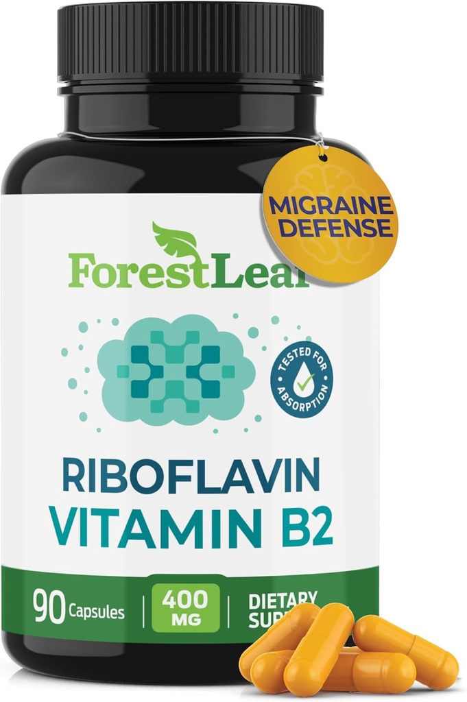 ForestLeaf ויטמין B2 Riboflavin 400 מ"ג - אנרגיה, Skin & cell Health תוסף - מערכת העצבים - ויטמין B 2 VIT B - Non-GMO & Gluten Free - B2 400 מ"ג קפסולות ירקות, 90 הרוזן ספירה