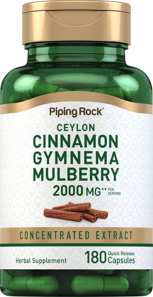 Piping Rock Ceylon Cinnamon Gymnema Mulberry Complex | 2000mg | 180 capsule | Supplemento erbe | Estratto concentrato | Non OGM, Gluten Free