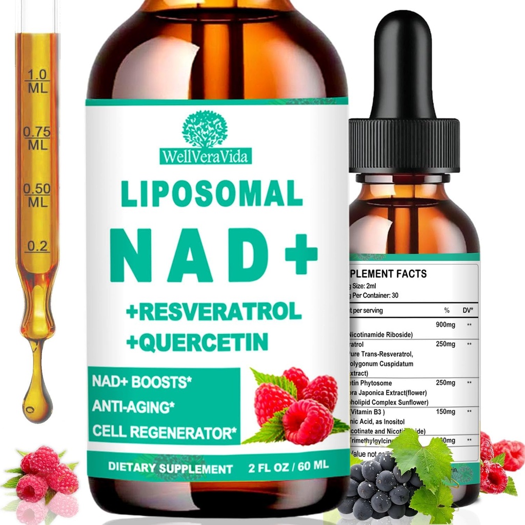 Integratori NAD per donne e uomini, Liposomal NAD Nicotinamide Riboside Resveratrolo 900mg, TMG, Quercetin, Vitamina B3, Integratore di resveratrolo liquido organico NAD per la longevità, energia, Anti-invecchiamento, messa a fuoco