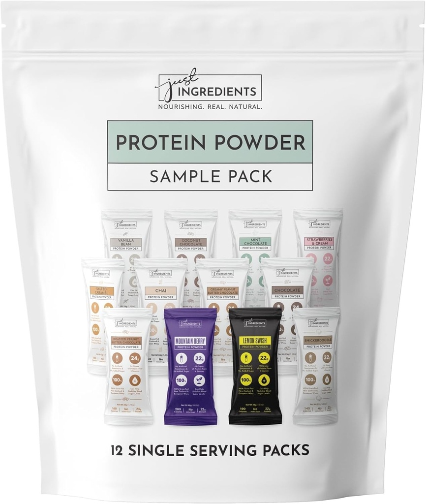 Proteinpulver tillverkad med 100% Grass Fed, Non Denatured Whey | Fyra olika proteinkällor från organiska hela livsmedelsingredienser | 12 portioner | 22g Protein (12 portioner, Sample Variety Pack)