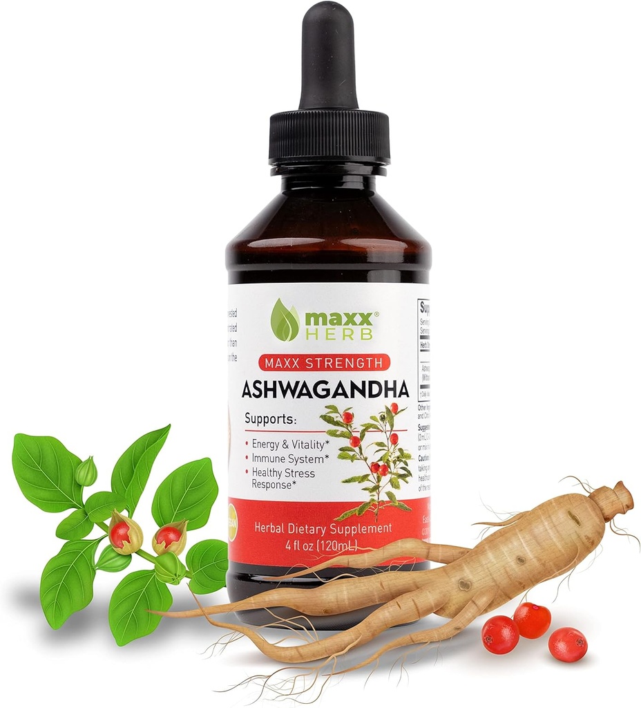 Estratto di Ashwagandha Maxx Herb – Assorbenti di tintura liquida di massima resistenza Meglio di capsule o polvere - per Stamina, Memoria, & Supporto immunitario - Bottiglia da 4 Oz (60 Serve)