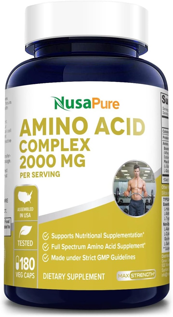NusaPure Amino Acid Complex Blend 2000 mg- 180 Caps (Non- GMO, Gluten- Free)