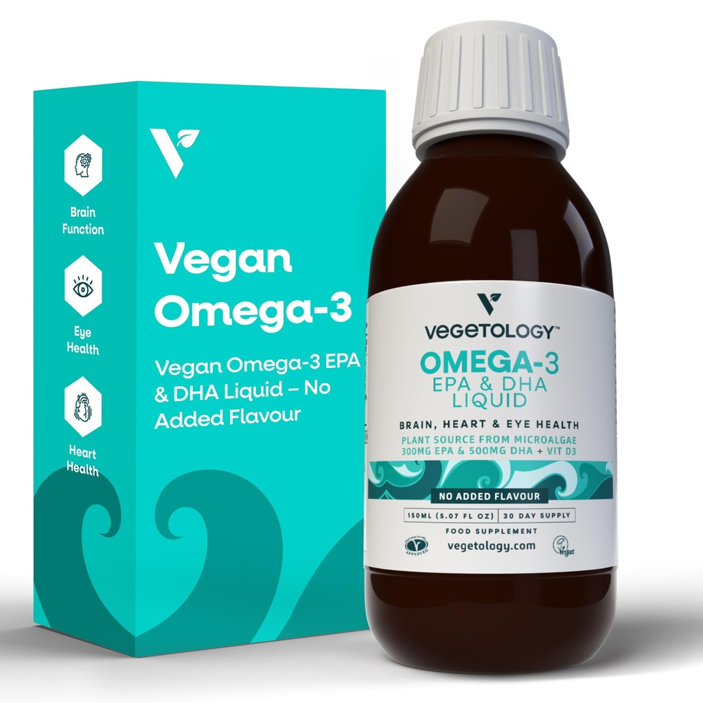 VEGETOLOGY Vegan Omega 3 Liquid, from Microalgae, 800mg of EPA DHA, with Vitamin D3, Supports Heart, Brain and Eye Health, Natural Fish Oil Alternative, UK Made, Unflavoured