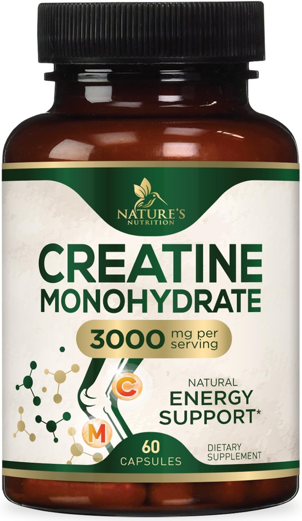 Creatine Monohydrate 3000mg Per Serving – Micronized Creatine Powder Capsules - Supports Lean Muscle, Strength, Energy, & Endurance - Nature's Supplement, Non-GMO, Bottled in USA - 60 Capsules