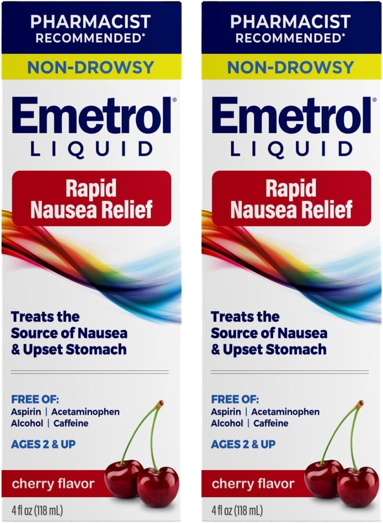 Emetrol Non-Drowsy Liquid Nusef Relief - Zdenerwowana medycyna żołądkowa - Farmaceutyk Recommended Nusef - Cherry Flavor - 4fl oz, 2 Pack