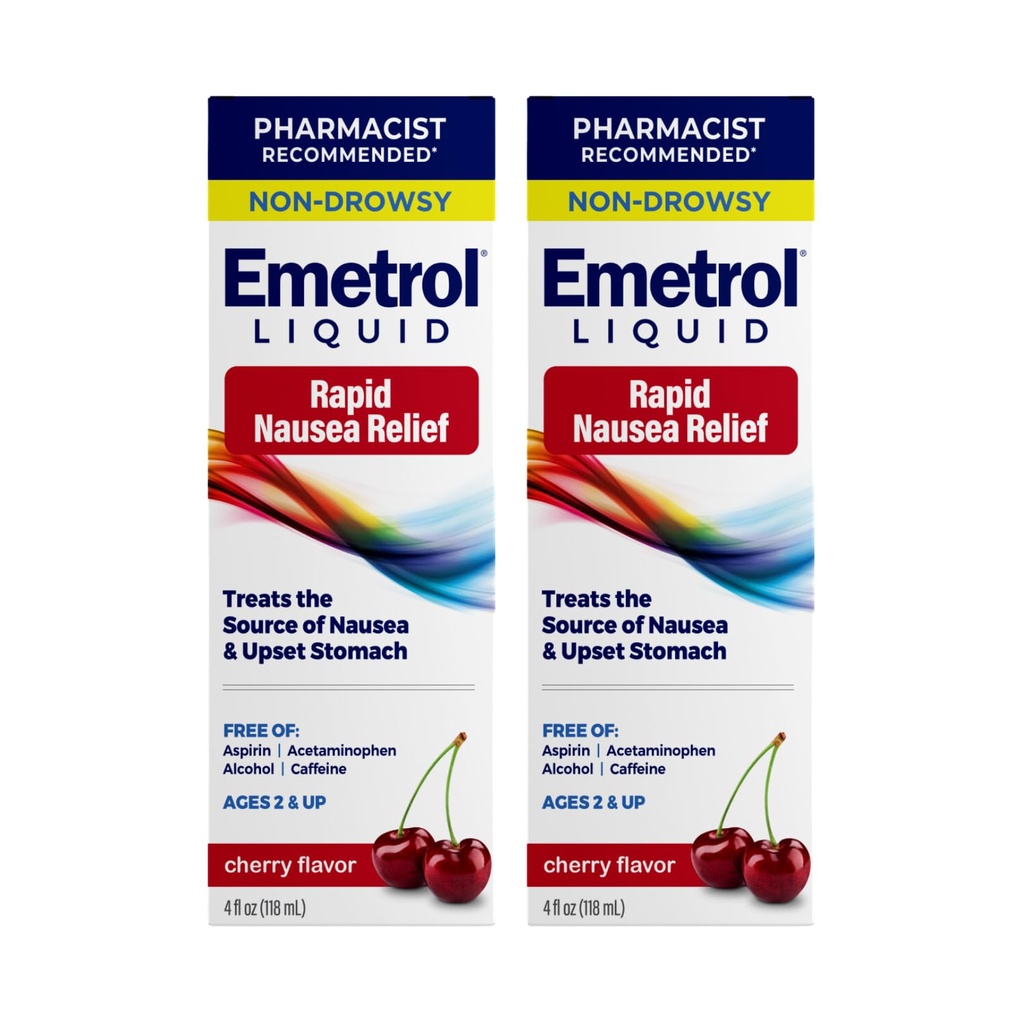 Emetrol Non-Drowsy Nausea Relief Liquid, Cherry - 4oz, 2 Pack | 2-pack of pharmacist-recommended non-drowsy nausea relief liquid soothes upset stomach. Cherry flavor, 4 fl oz each.