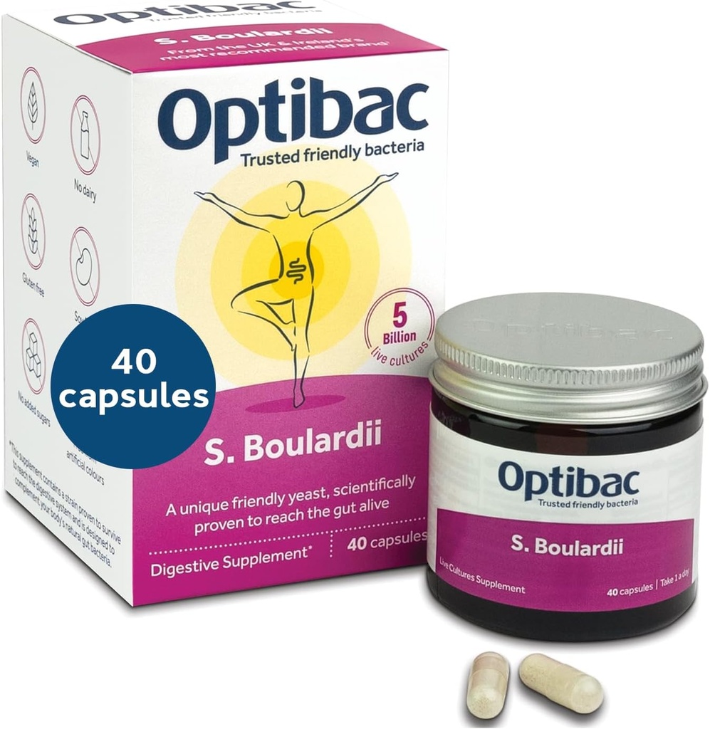 Optibac Probiotics Saccharomyces Boulardii - תוסף פרוביוטי מוכח מבחינה מדעית, 5 מיליארד CFU - 40 קפסולות