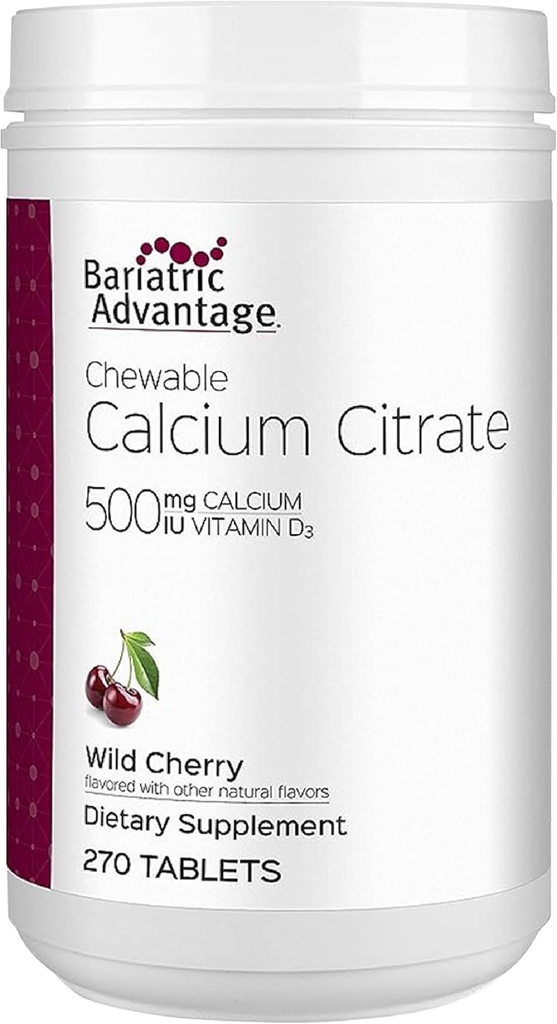 Bariatric Advantage Calcium Citrate Chewable 500mg with Vitamin D3 for Bariatric Surgery Patients including Gastric Bypass and Sleeve Gastrectomy, Low Sugar - Wild Cherry Flavor, 270 count