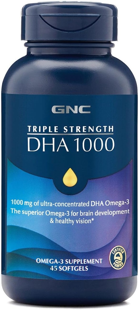 GNC Triple DA 1000 Omega 3 suplementaris, 1000mmg DHA, ajuda a desenvolupament intel·lectual i visió sanitària, 45 suaus
