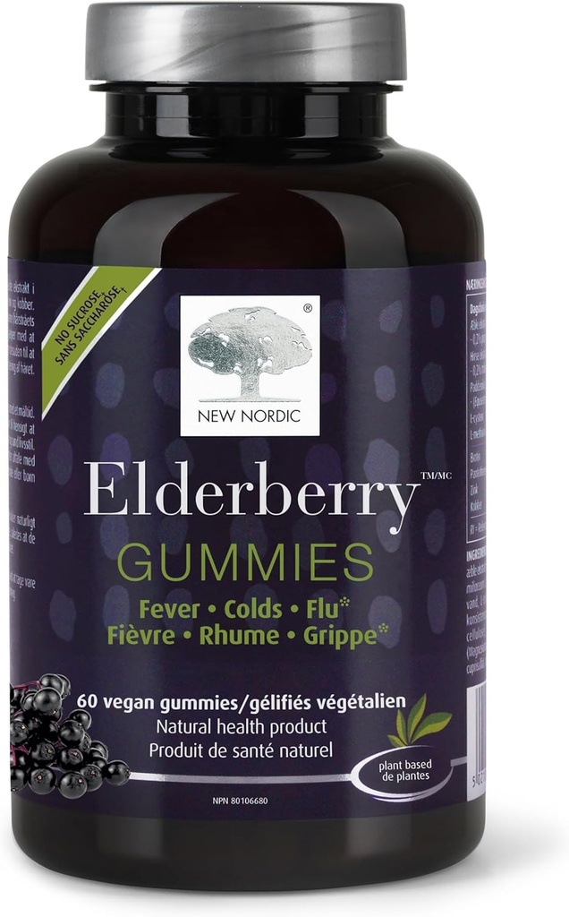 NY NORDIC Elderberry Vegan Gummies, Sugar Free Chewable immunsupport med C-vitamin til voksne og børn 4 +, ingen kunstige farver eller flavors, 60 greve (pakke med 1)