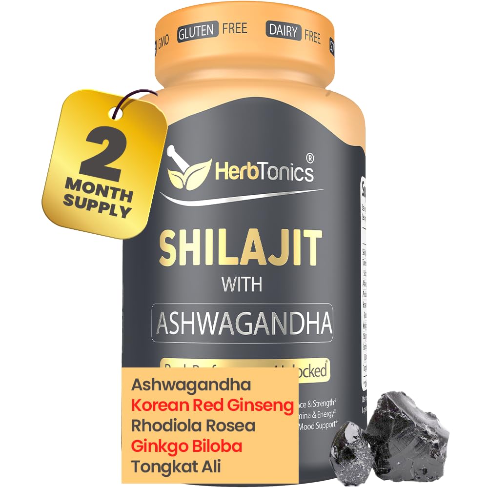 Herbtonics Shilajit for Men & Women with Ashwagandha, Korean Red Ginseng, Rhodiola Rosea, Ginkgo Biloba, Tongkat Ali | Fulvic Acid & Trace Minerals for Stamina & Immunity | 60 Vegan Capsules