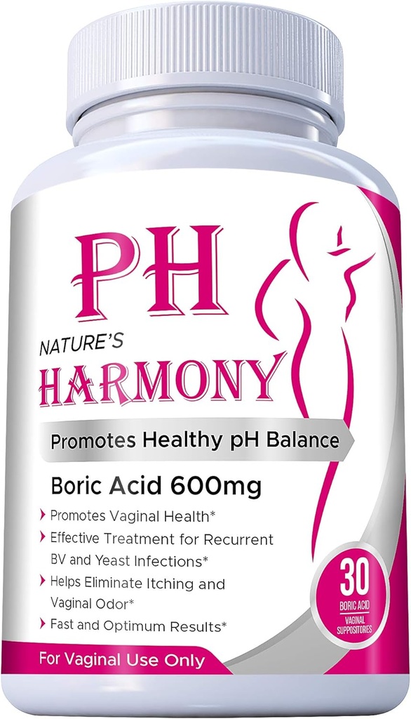 בית Boric Acid Suppositories Nature's Harmony 30 Count 600 מ"ג 100% Pure Made בארה"ב