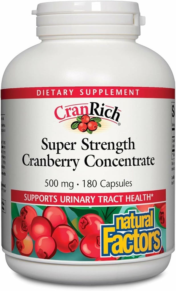 Natural Factors CranRich Super Strength Cranberry Concentrate - Antioxidant Support Supplement with Cranberry Concentrate - Aids Urinary Tract & Bladder Health - 180 cápsulas (180 porcións)