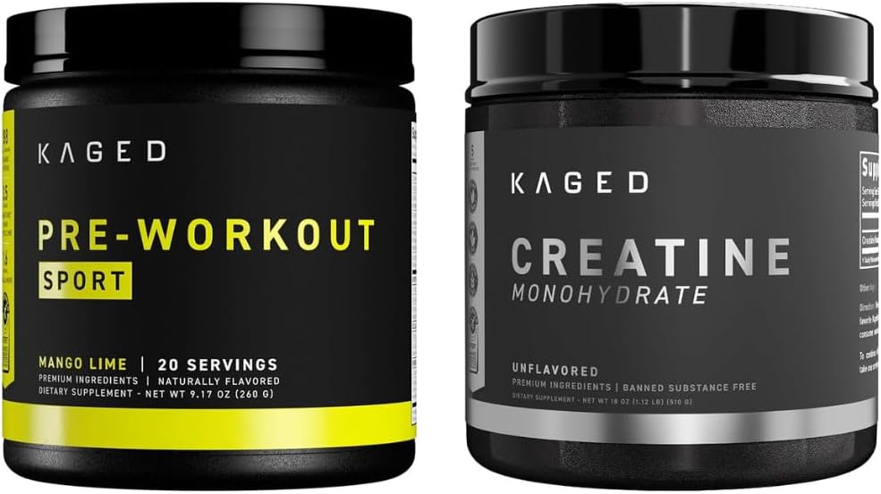Kaged Pre Sport Pre Workout Polvere Mango Lime Creatina Monoidrato Polvere micronizzata Bundle, Energy & Muscle Recovery Supplement Pack, 20 Serve Pre-Workout + 100 Serve Creatina