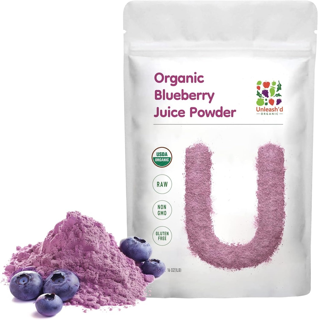ULELEASESED ORGANNC Blueberry Juwder 16 oz 100% thuần túy xanh lá cây, Rich in Antioxidts và vitamins, Trợ giúp và khởi động hàm Imune