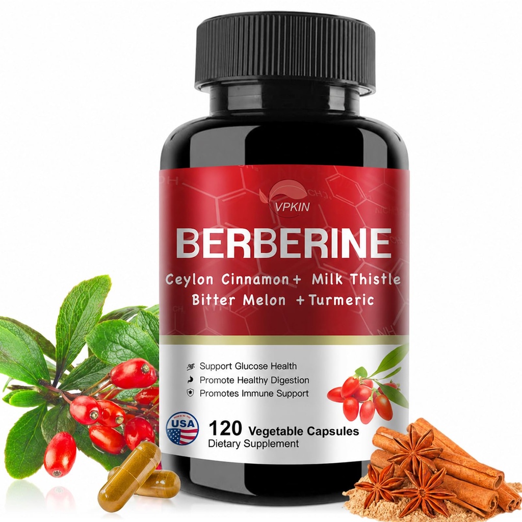 VPKIN Berberine Supplement,Berberine with Ceylon Cinnamon,Bitter Melon,Milk Thistle,Berberine HCl Supplement(110 Capsules)