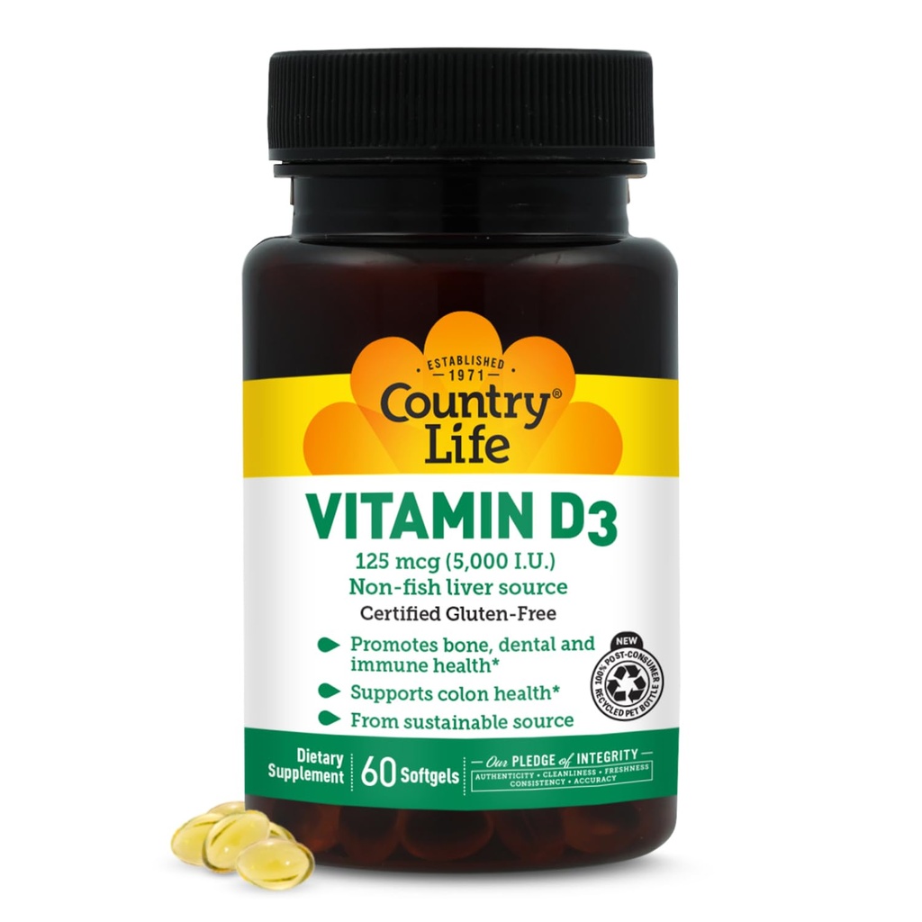 Country Life, Vitamin D3 5000 IU, Supports Healthy Bones, Teeth and Immune System, Daily Supplement, 60 ct