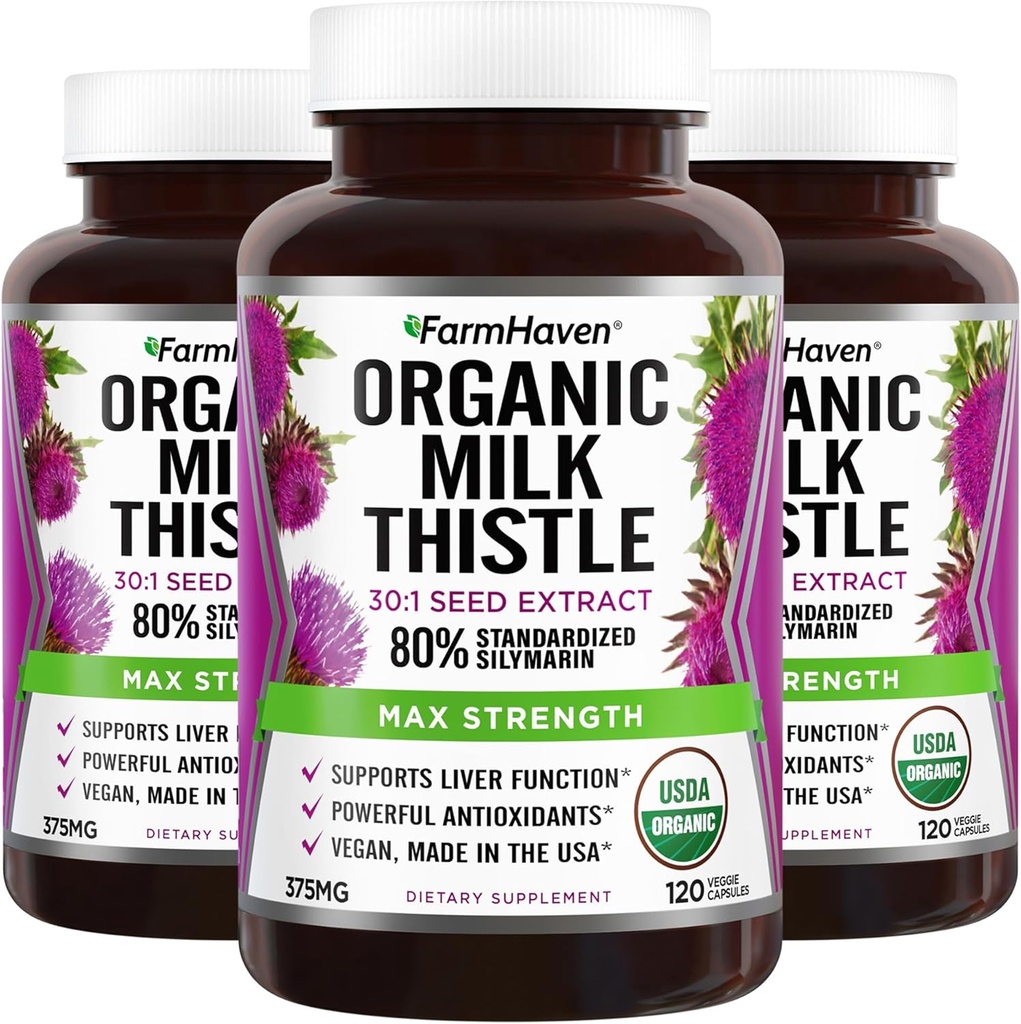 FarmHaven USDA Organic Milk Thistle Capsules - 30X Concentrated Seed Extract " 80% Silymarin Standardized - Supports Liver Function and Overall Health - Non-GMO - 360 Vegan Capsules