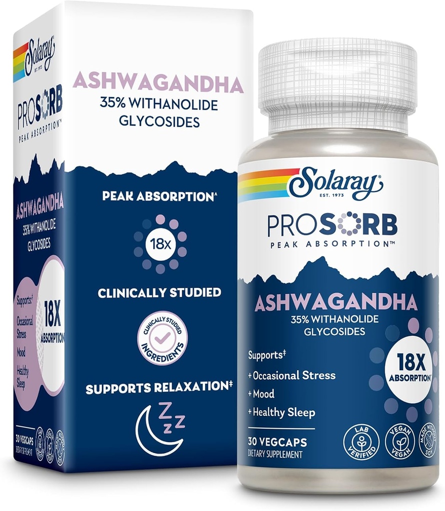SOLARAY Ashwagandha Capsules 18X Absorbcija - Ashwagandha Root and Leaf Extract 240 mg - Recision Stress Relief and Mood Support Additive - Vegan, 60- Dienos garantija - 30 Servings, 30 VegCaps