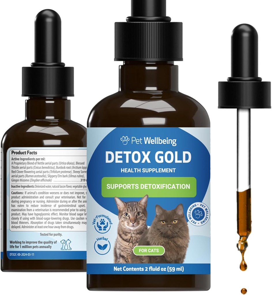 Cats üçün Pet Wellness Detox Gold - Gentle Detoxification & Elimination Support, Immune System Care, Nettle,  Happy Thistle, Burdock Root - Veterinarian-Formulated Herbal Supplement 2 oz (59 ml)