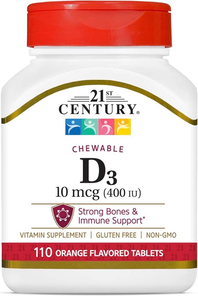 21st Century D3 400 UI comprimate masticabile de portocale, gluten gratuit, 110 Count (Pachet de 3)