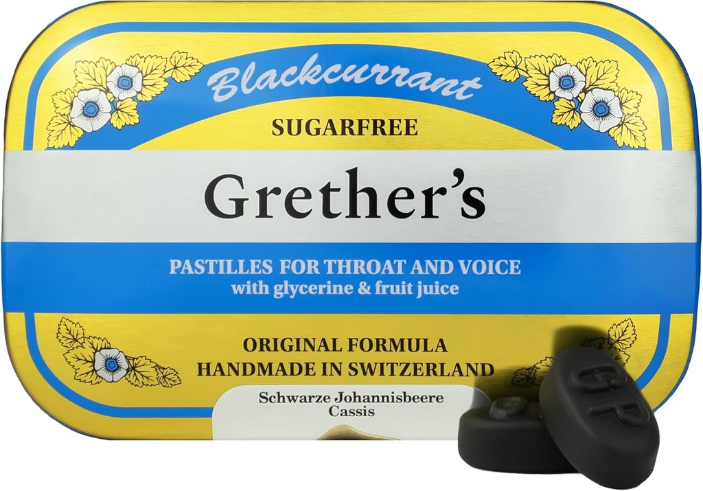 GRETHER'S Sugarfree Blackcurrant Pastile - Naravna suha usta Relief - Pomirjujoče grlo & zdravo glas - Darilo za pevce - 3,75 oz. 1 pakiranje