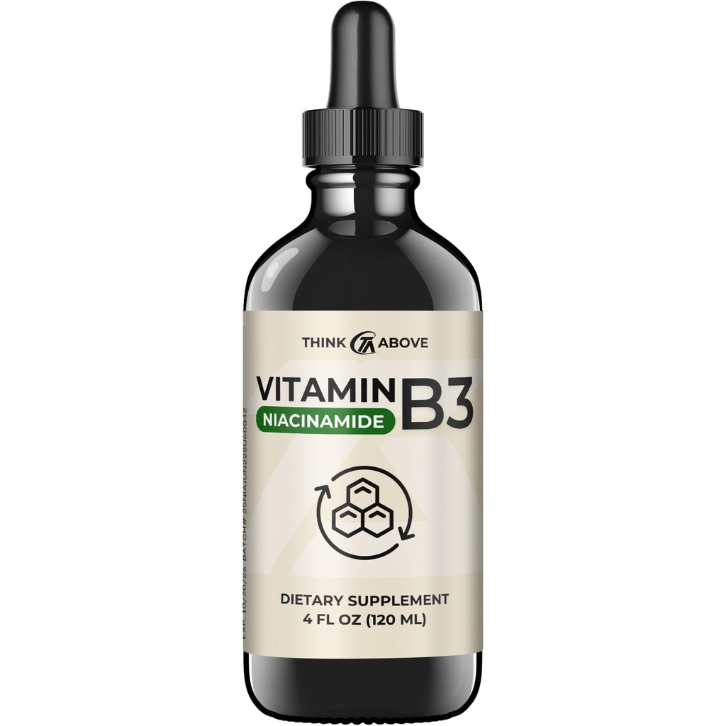 Liquid Vitamin B3 (as Niacinamide) Supplement - Non Flush Form of Niacin - Fast Absorption -Convenient Niacin Drops for Women and Men - 4 oz (120ml )