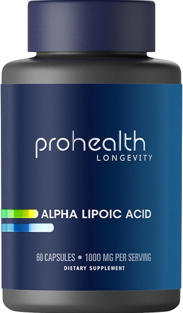 ProHealth Alpha Lipoic Acid High Potency 1000mg promueve el metabolismo, la piel de aspecto más joven y la energía celular. Lucha contra la fatiga y la neblina cerebral. Protege el corazón, el cerebro y la salud del hígado. 30 Serviciones.