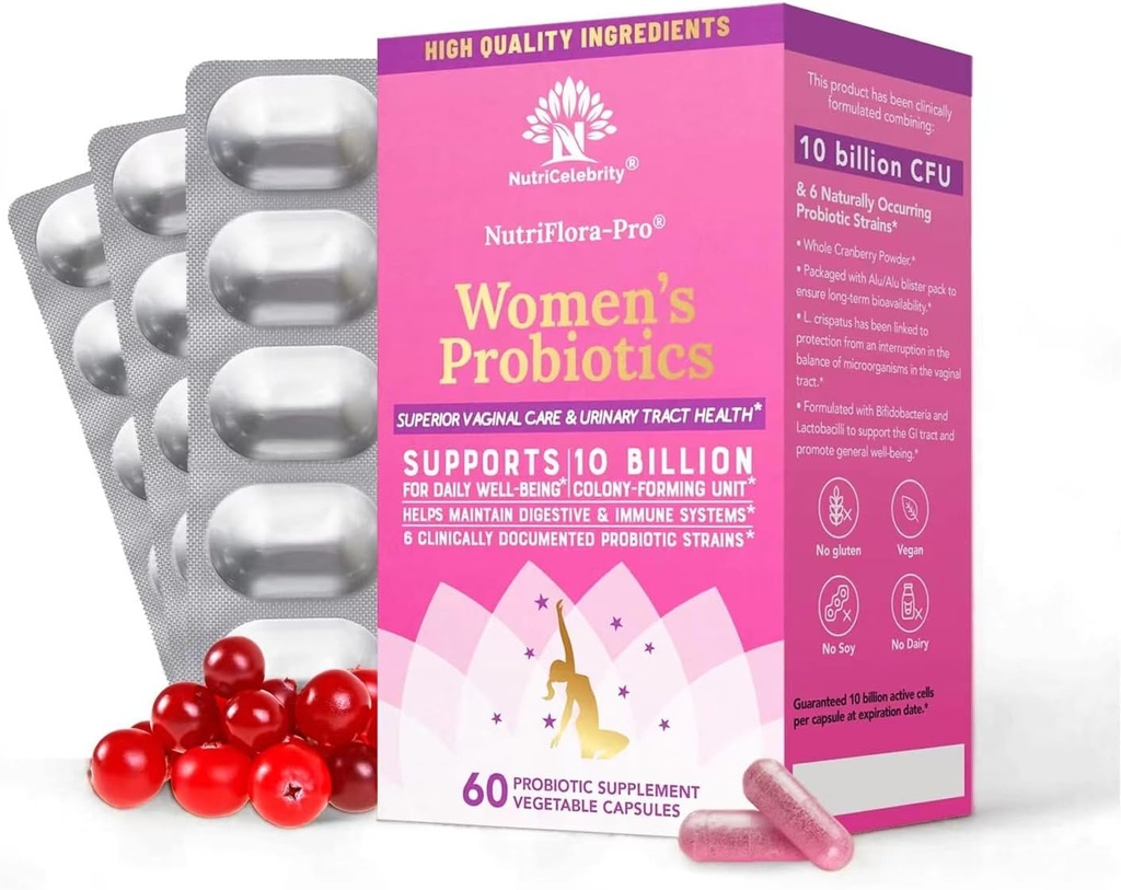 Nutricelebrity NutriFlora-Pro Probiotics for Women - Support Vaginal, Urinary Health, Immune System Digestive System Support, Cranberry Pills Supplement, 10 Billion CFU 6 Strains (30 Caps) - 2 Pack