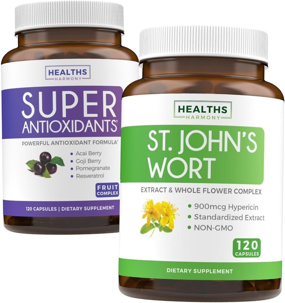 Antioxidants & St. John's Wort (2-Month Supply) Serenity Antioxidant Blend - Super Antioxidants - Powerful Super Food Daily Blend (120 Caps) & St. John's Wort - Powerful 9000mcg Extract (120 Caps)