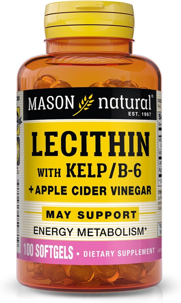 MASON NATURAL Lecithin с Kelp, Витамин B6 и Apple Cider Vinegar, Dual Action Formula, 100 Softgels