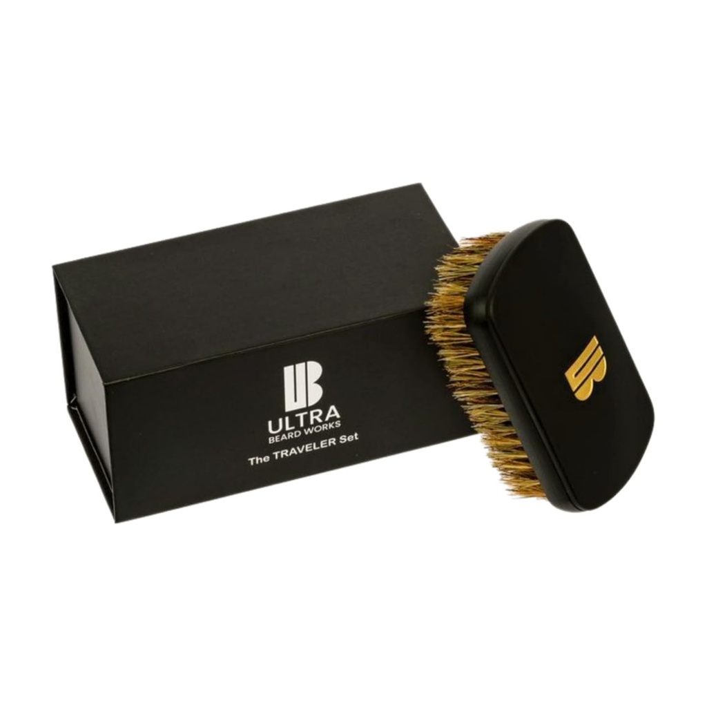 Magnetized High-end Beard Brush Set – The “Traveler” Set includes a detachable mirror and boar bristle brush. و " ULTIMATE BRUSH " متاحة في ثلاث مجموعات وألوان متعددة.