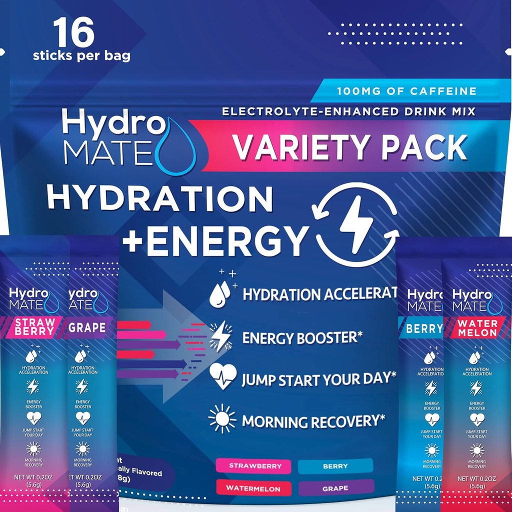 ГідроMATE Electrolytes порошок мікс пакети Hydration Accelerator Low Sugar Party Favors для швидкого відновлення вітаміну C Plus Caffeine Variety Pack 16 Sticks